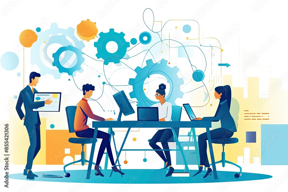 Fototapete a group of people sitting at a desk with computers, design a vector illustration of a dynamic team i