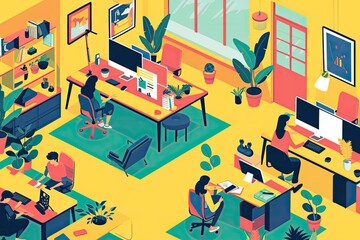 a group of people working at desks in an office, Design a vector illustration of a lively marketing agency workspace
