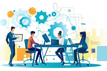 a group of people sitting at a desk with computers, Design a vector illustration of a dynamic team in a software development company