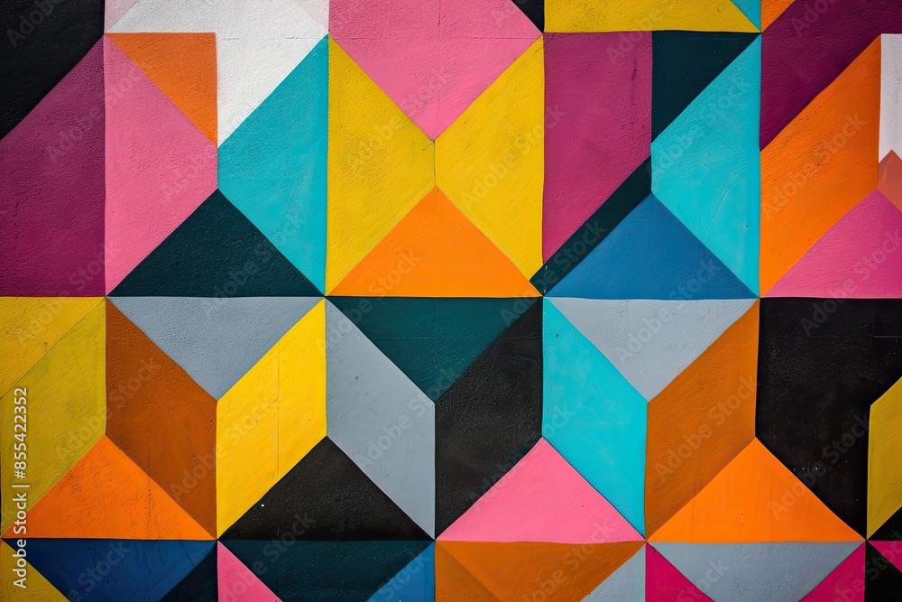 Poster a colorful painting of a square and triangle pattern, develop a geometric pattern with vibrant color