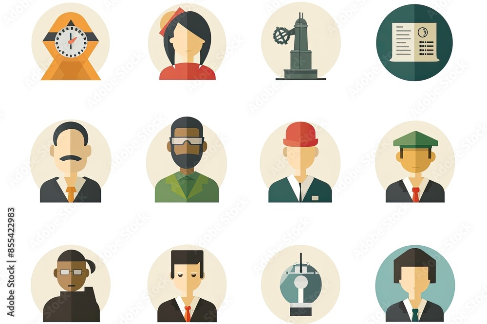 Poster a set of flat icons of people in different professionss, develop a set of vector icons representing 