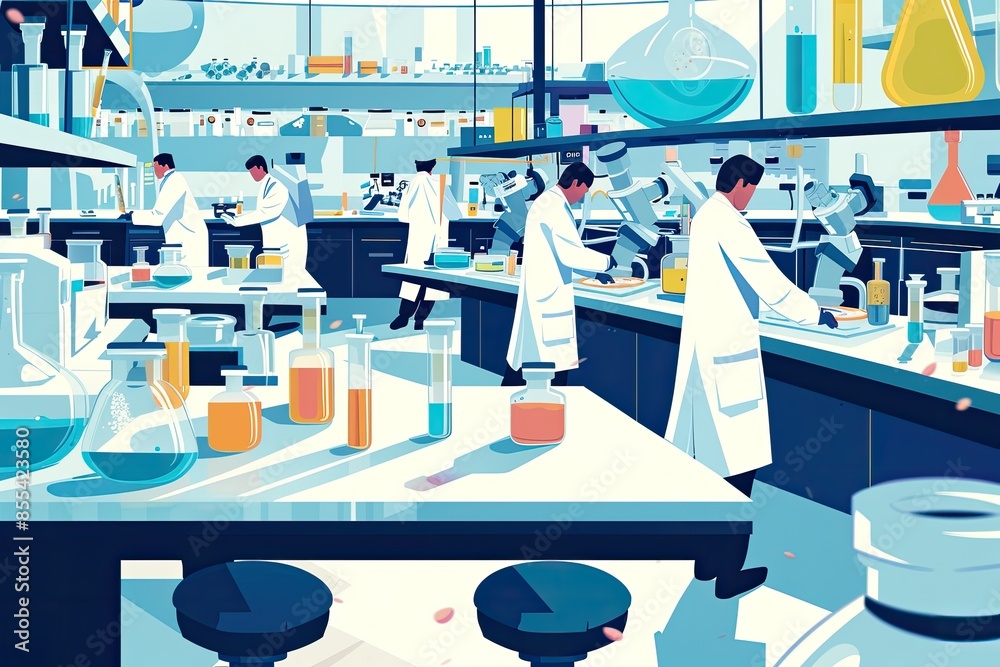 Poster a group of people in a lab with a lot of bottles, Illustrate a dynamic vector scene of a bustling medical laboratory