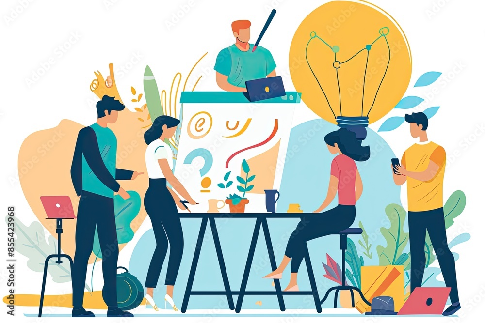 Poster people are working on a project with a light bulb above them, illustrate a group of people in differ