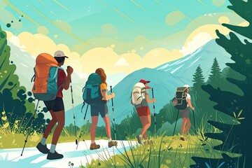 a group of people hiking in the mountains, Illustrate a group of people engaged in outdoor activities