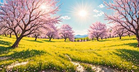 Fototapeta premium sakura cherry blossom trees blooming in sunny park meadow tree orchard. nature landscape tree and mountain template background. 
