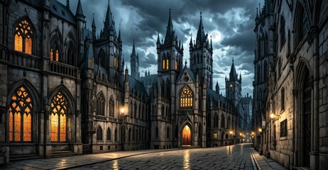 Fototapeta premium gothic castle palace city building at night. medieval goth tower buildings architecture on town street. fantasy dystopian background.