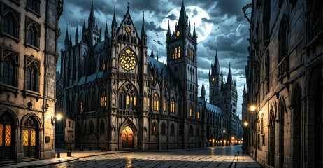 Fototapeta premium gothic castle palace city building at night. medieval goth tower buildings architecture on town street. fantasy dystopian background.