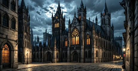 Fototapeta premium gothic castle palace city building at night. medieval goth tower buildings architecture on town street. fantasy dystopian background.