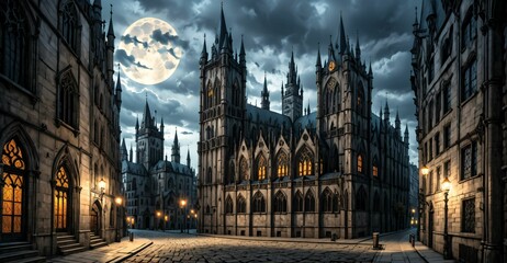 Fototapeta premium gothic castle palace city building at night. medieval goth tower buildings architecture on town street. fantasy dystopian background.