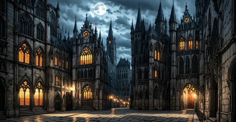 Fototapeta premium gothic castle palace city building at night. medieval goth tower buildings architecture on town street. fantasy dystopian background.