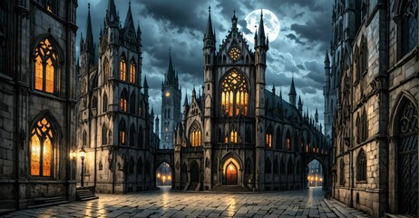 Fototapeta premium gothic castle palace city building at night. medieval goth tower buildings architecture on town street. fantasy dystopian background.