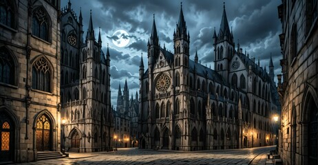 Fototapeta premium gothic castle palace city building at night. medieval goth tower buildings architecture on town street. fantasy dystopian background.