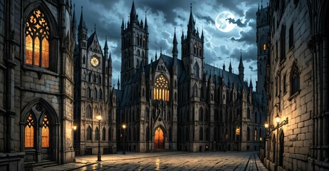 Fototapeta premium gothic castle palace city building at night. medieval goth tower buildings architecture on town street. fantasy dystopian background.