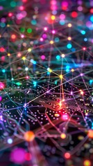 Obraz premium Colorful blurred lights on electronic circuit with neural network concept