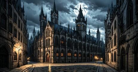 Fototapeta premium gothic castle palace city building at night. medieval goth tower buildings architecture on town street. fantasy dystopian background.