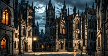 Fototapeta premium gothic castle palace city building at night. medieval goth tower buildings architecture on town street. fantasy dystopian background.