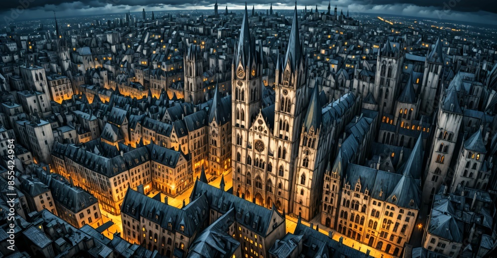 Wall mural gothic city buildings and towers cityscape. aerial view bird's eye view. goth castle palace and hous - Wall murals