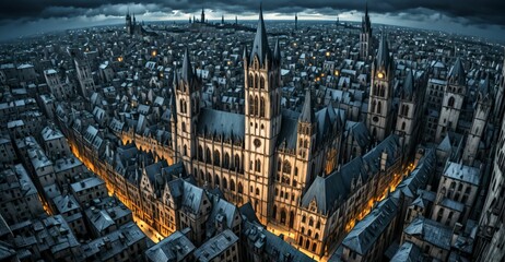 gothic city buildings and towers cityscape. aerial view bird's eye view. goth castle palace and houses. gothic metropolis dystopian town.