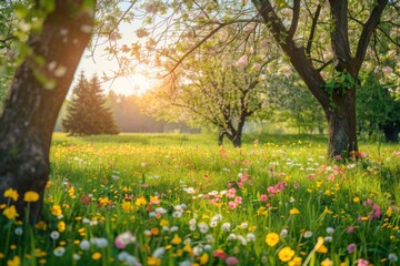 Fototapeta premium A field of flowers with a bright sun shining on them