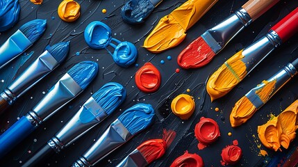 Seamless pattern with painting tools elements and art supplies like paint tubes, pencil and color palette. Isolated cartoon vector illustration on black background, hand drawn, flat design