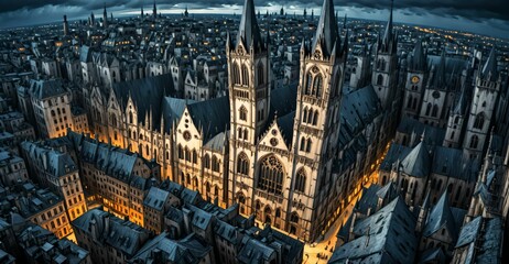 Naklejka premium gothic city buildings and towers cityscape. aerial view bird's eye view. goth castle palace and houses. gothic metropolis dystopian town.