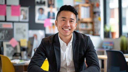 Fototapeta premium A man in a suit is smiling in front of a wall of pictures. Scene is happy and positive