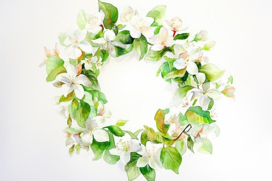 a wreath made of flowers and leaves, Paint a watercolor wreath with jasmine blossoms
