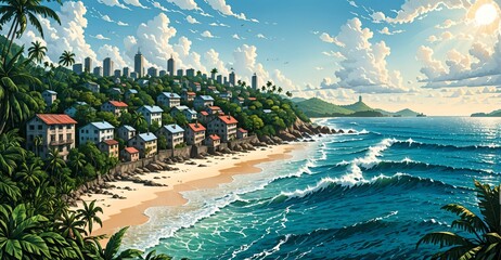 island village houses on tropical ocean beach. sea water waves crashing on shore and sand. nature landscape with palm trees.