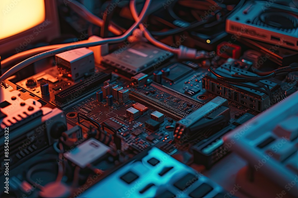 Aufkleber a computer motherboard with a bunch of wires, Shoot a series of close-ups of electronic gadgets