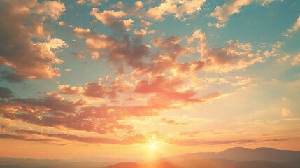 Fototapeta premium Sunset Sky with Clouds - Summer Orange Evening View Sun Dusk Cloud Cloudscape Panoramic Background Light Natural Horizon Dawn Landscape Cloudy Season Sunlight Morning Heaven Beauty 