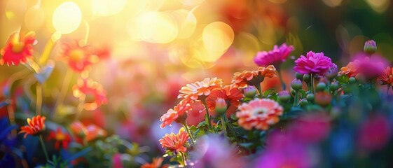 Blurred garden flowers with colorful blooms and sunlight,