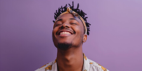 Obraz premium Joyful man portrait on purple background, a natural portrait of a man expressing joyful
