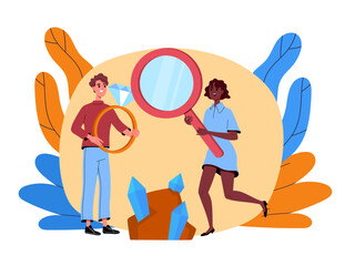 Studying precious stones concept. Two jewelers with magnifying glass and diamonds. Expensive accessories and jewelry. Luxury and wealth. Cartoon flat vector illustration isolated on white background