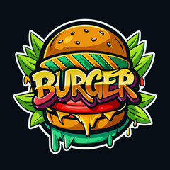 Beef burger with cheese, tomatoes, red onions, cucumber and lettuce on black slate over dark background. Unhealthy food