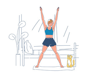 Woman waking up at morning. Girl stretching in bedroom near domestic animal. Active and healthy lifestyle, fitness in apartment. Linear flat vector illustration isolated on white background