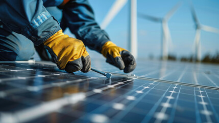 Technicians Installing Solar Panels on a Wind Farm