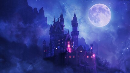 grand castle illuminated at night with a full moon. horror concept story telling.