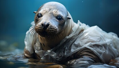 Obraz premium A close-up photo of a sea lion entangled in netting and plastic, with visible sadness and wet fur.