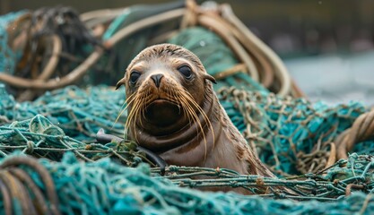 Obraz premium A young seal entangled in a mix of fishing nets and ropes. The seal's expressive eyes and whiskers are in focus, while the blurry background shows a chaotic array of discarded marine debris