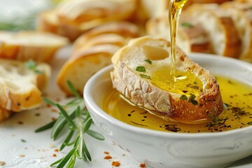 Close-up of dipping bread in olive oil