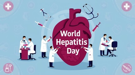 World Hepatitis Day. Illustration of medical professionals working around a large liver. Various medical instruments and symbols are depicted around the liver.