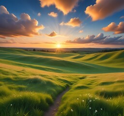 Fototapeta premium A scenic landscape with a vast green meadow, a bright blue sky with fluffy white clouds, and a warm golden sunrise or sunset in the distance