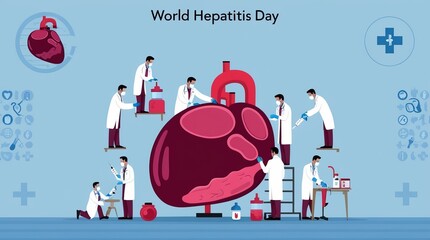 World Hepatitis Day. Illustration of medical professionals working around a large liver. Various medical instruments and symbols are depicted around the liver.