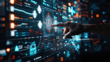 Obraz premium A hand pointing at an interactive screen displaying various digital data and cyber security symbols, representing the concept of advanced AI technology in business office environment. 
