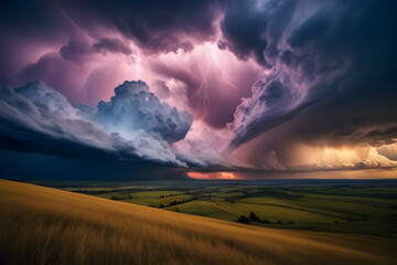 Fototapeta premium severe thunderstorm approaches rural Northern NSW and Southern Queensland, Australia. Dark clouds gather ominously as lightning streaks across the sky, accompanied by strong winds and torrential rain.