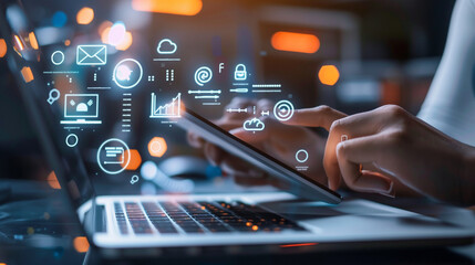 Digital software development, IoT, Internet of Things, mobile apps design, Global network technology concept. Coding programmer working on laptop computer and mobile phone with icons and computer code