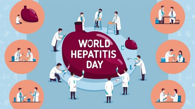 World Hepatitis Day. Illustration of medical professionals working around a large liver. Various medical instruments and symbols are depicted around the liver. - Powered by Adobe