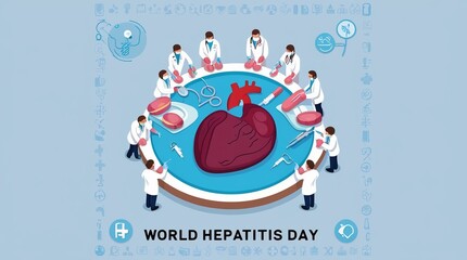 World Hepatitis Day. Illustration of medical professionals working around a large liver. Various medical instruments and symbols are depicted around the liver.