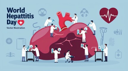 World Hepatitis Day 28 July. Illustration of doctors working around a large liver. Various medical instruments and symbols are depicted around the liver.