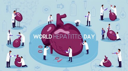 World Hepatitis Day 28 July. Illustration of doctors working around a large liver. Various medical instruments and symbols are depicted around the liver.
